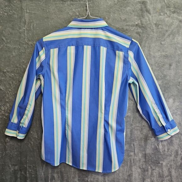 Chaps Women's Sz Med No Iron Blue Stripe Blouse 3/4 sleeve slightly fitted - Picture 8 of 10